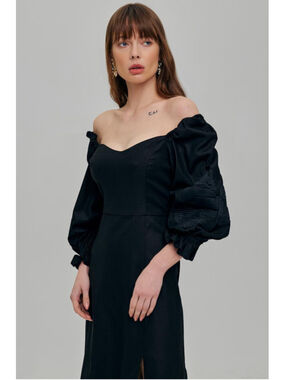 Designer Black Linen Midi Puff Sleeves Prom Cocktail Dress